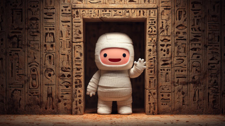 Smiling mummy character waving from a friendly tomb with hieroglyphics on the wall. Generative AIの素材