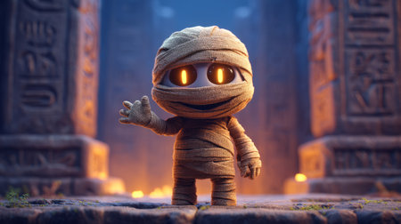 Smiling mummy character waving from a friendly tomb with hieroglyphics on the wall. Generative AIの素材