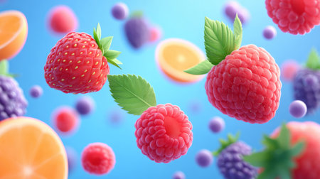 Vibrant Mixed Fruits Floating on Colorful Background. Generative AIの素材
