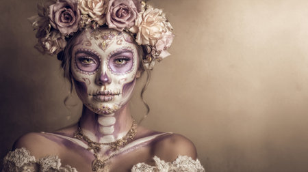 woman wearing painted sugar skull makeup and floral crown with lace dress. Generative AIの素材