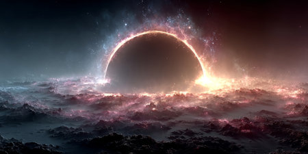 Dramatic visual representations of black holes or eclipses with glowing energy rings. Generative AIの素材