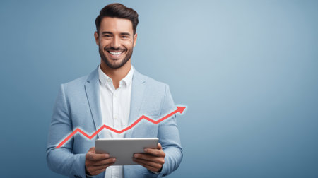 smiling professional holding tablet showing positive revenue growth graph. Generative AIの素材