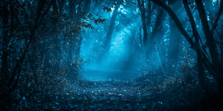 Dark enchanted forest with glowing blue mist, eerie Walpurgis Night atmosphere. Generative AIの素材