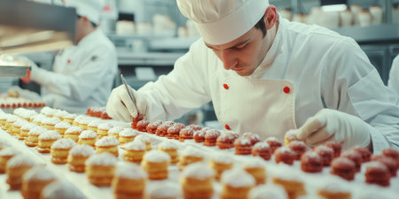 Close-up of pastry chefs assembling sweets in a small confectionery factory. Generative AIの素材