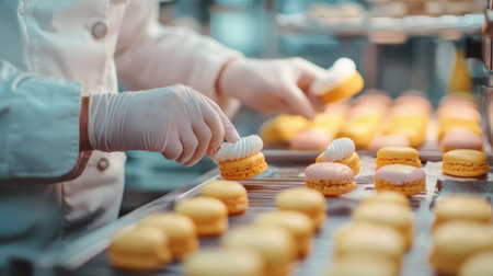 Close-up of pastry chefs assembling sweets in a small confectionery factory. Generative AIの素材