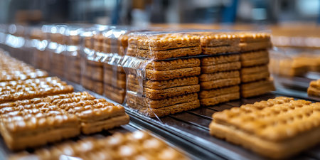 biscuits being packaged on an automated production line. Generative AIの素材