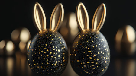 Elegant black and gold Easter eggs with bunny ears, featuring a modern and luxurious design, set against a dark, background. Generative AIの素材