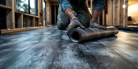construction worker rolling out vinyl flooring over a wooden floor in a modern home, emphasizing renovation, home improvement, and interior design. Generative AIの素材
