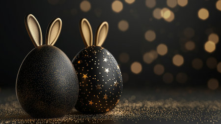 Elegant black and gold Easter eggs with bunny ears, featuring a modern and luxurious design, set against a dark, background. Generative AIの素材