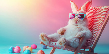 cool bunny wearing stylish sunglasses, lounging on a beach chair with Easter eggs scattered around. Generative AIの素材