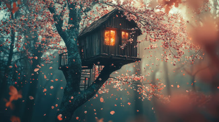 Dreamy treehouse hidden in a watercolor forest, floating petals and soft textures. Generative AIの素材