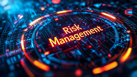 Corporate-themed virtual screen with Risk Management text and futuristic business analytics, dark background with neon accents. Generative AIの素材
