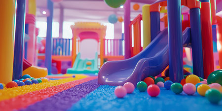 Colorful indoor playground room with rainbow slides, ball pit, and soft play structures. Generative AIの素材