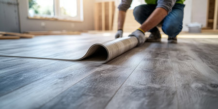 construction worker rolling out vinyl flooring over a wooden floor in a modern home, emphasizing renovation, home improvement, and interior design. Generative AIの素材