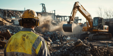 demolition crew member wearing ear protection, safety glasses, and heavy-duty gear. Generative AIの素材