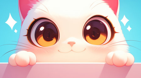 Flat cartoon style kawaii cat with big sparkling eyes, tiny paws, and pastel colors. Generative AIの素材