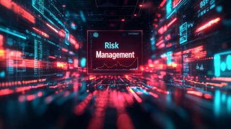 Corporate-themed virtual screen with Risk Management text and futuristic business analytics, dark background with neon accents. Generative AIの素材