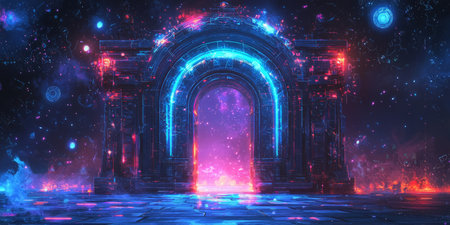 Cyberpunk gateway with intricate holographic symbols, radiating a mix of blue neon. Generative AIの素材