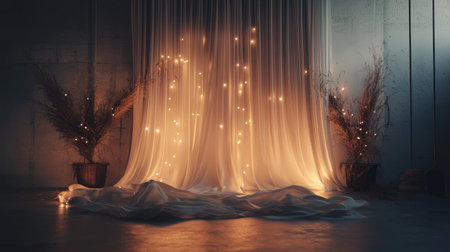 Dreamy minimalist setting with satin textures, glowing fairy lights, and ethereal elegance. Generative AIの素材