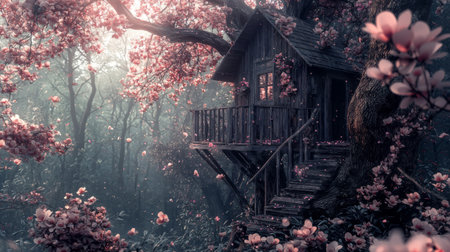Dreamy treehouse hidden in a watercolor forest, floating petals and soft textures. Generative AIの素材