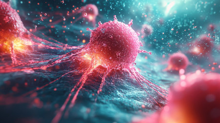 cancer cell growth under a microscope, abstract scientific visualization. Generative AIの素材
