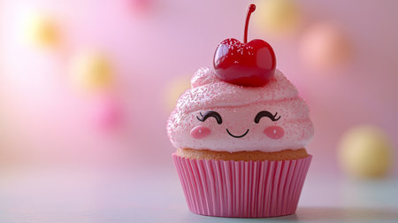 Cute kawaii cupcake with a cherry on top, pastel gradient background. Generative AIの素材