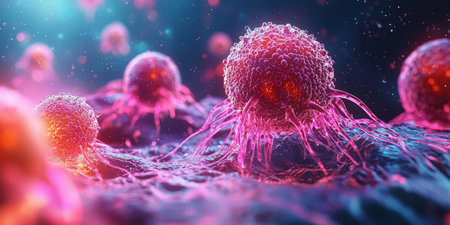 cancer cell growth under a microscope, abstract scientific visualization. Generative AIの素材