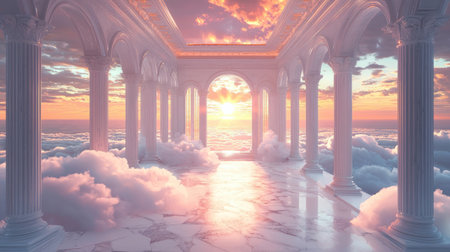 Airy, marble arches rise above the clouds. The rising sun with golden light. Generative AIの素材