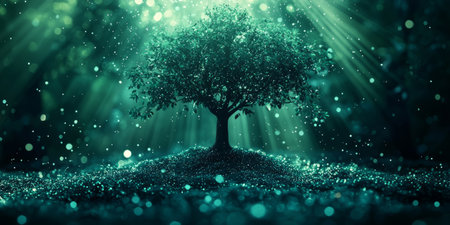 Mystical enchanted trees illuminated with ethereal green light and sparkling particles. Generative AIの素材