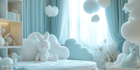 Dreamy cloud-themed children's room with volumetric white furniture and light blue accents. Generative AIの素材