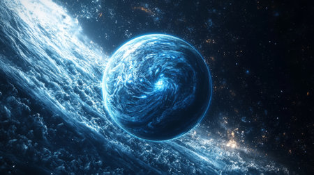 Futuristic exoplanet with glowing blue oceans and swirling cloud formations in deep space. Generative AIの素材