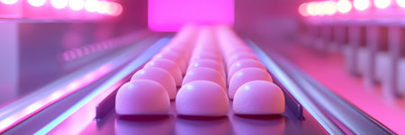 Marshmallow production line with soft sweets on a conveyor. Generative AIの素材