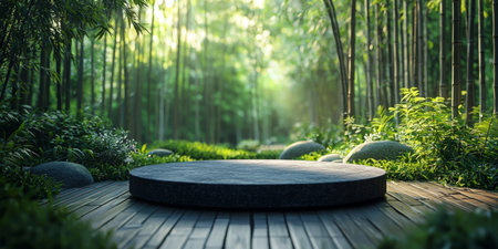 serene meditation platform in a bamboo forest, mental health programs. Generative AIの素材