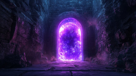 Ethereal portal in a dark ancient temple, pulsating with purple and blue magical light. Generative AIの素材