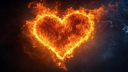 Fire heart with realistic flames symbolizing passion and strong love on black background. Generative AIの素材