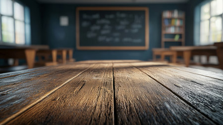 close-up of a rustic wooden table in a warm, inviting classroom with bookshelves, a chalkboard, and natural lighting in the background. Generative AIの素材