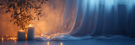 Dreamy minimalist setting with satin textures, glowing fairy lights, and ethereal elegance. Generative AIの素材