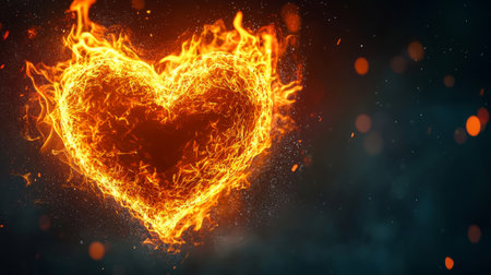 Fire heart with realistic flames symbolizing passion and strong love on black background. Generative AIの素材