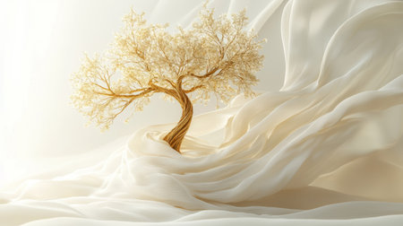 Elegant Golden Tree on Flowing White Fabric. Generative AIの素材