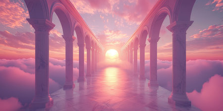 Airy, marble arches rise above the clouds. The rising sun with golden light. Generative AIの素材