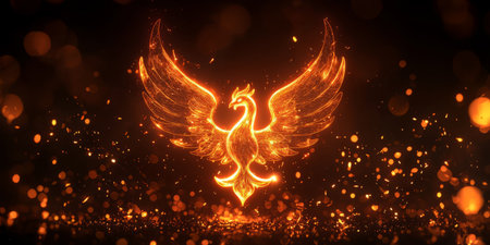 Glowing Phoenix Icon - A vibrant orange neon phoenix outline on a black surface, symbolizing rebirth. Generative AIの素材