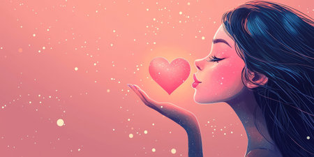 girl blowing an air kiss, pink floating heart, pastel background. Generative AIの素材