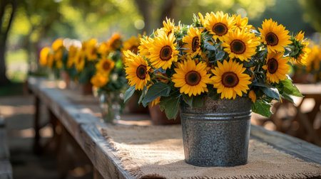 galvanized metal bucket with sunflowers. Generative AIの素材