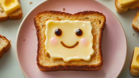 Kawaii toast with melted butter forming a smiling face, simple and cute breakfast theme. Generative AIの素材