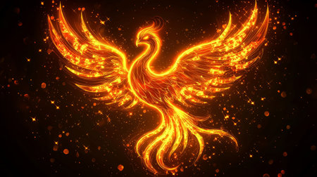 Glowing Phoenix Icon - A vibrant orange neon phoenix outline on a black surface, symbolizing rebirth. Generative AIの素材