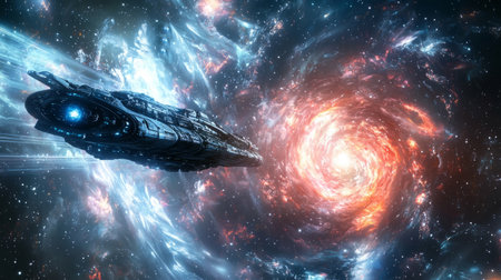 Glowing wormhole opening in space, spaceship approaching for intergalactic travel. Generative AIの素材