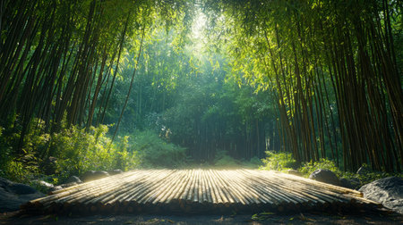 serene meditation platform in a bamboo forest, mental health programs. Generative AIの素材