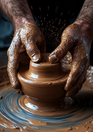 Hands covered in wet clay at a pottery wheel, with spinning clay. Generative AIの素材