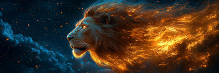 Hyper Realistic animated lion mane flowing like liquid gold, eyes piercing through a stormy backdrop, majestic and intense. Generative AIの素材