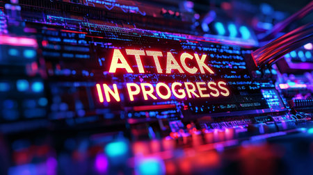hacked computer system with a bold warning message ATTACK IN PROGRESS on the screen. Generative AIの素材